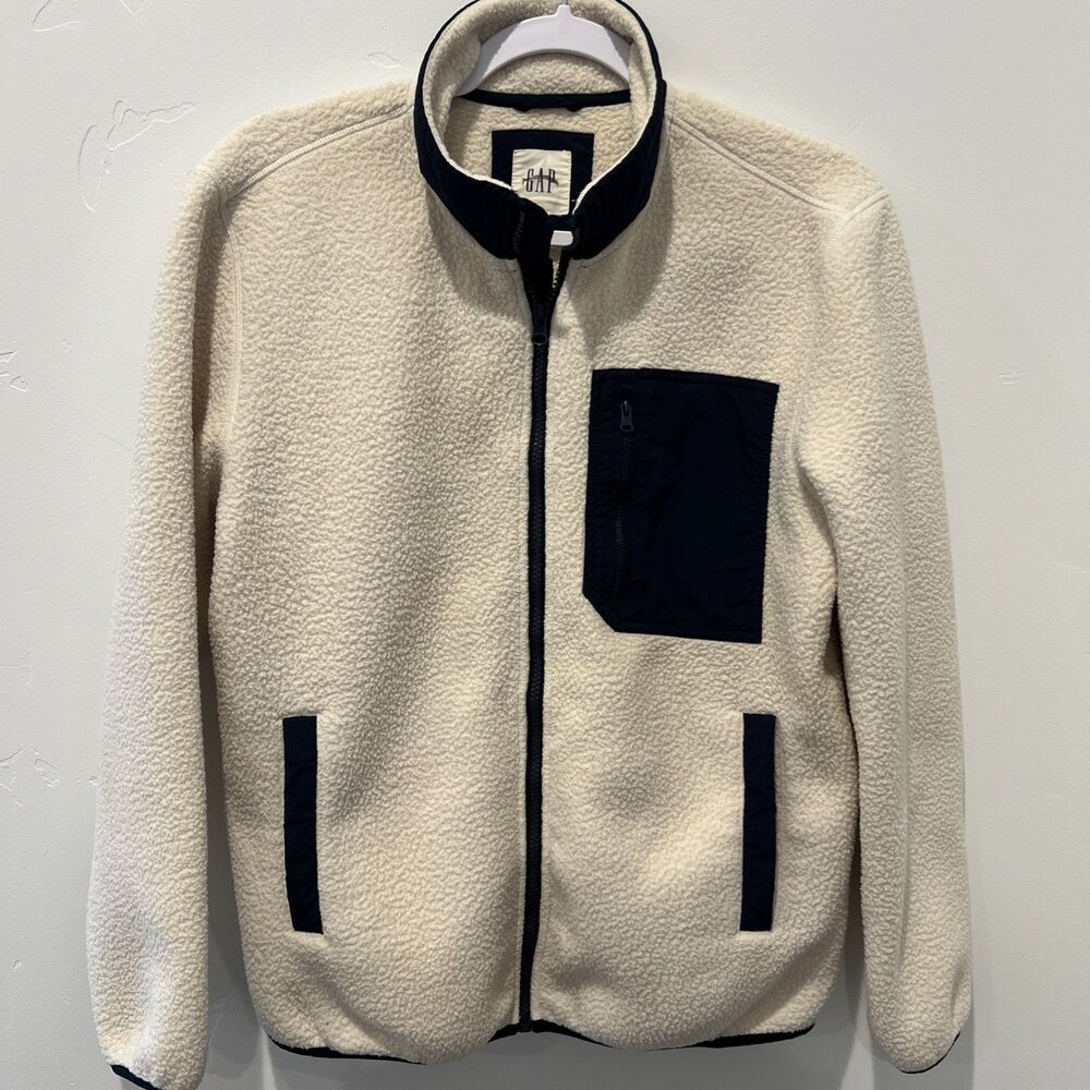 Gap Zip-Up Pocket Sherpa Jacket Off-White & Navy Blue Size XS